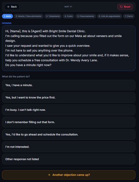 The Earlink Calls Live Assistant mid-call: a seven-stage tab strip across the top, the opening line to read out, a list of caller reactions to branch on, and a button for an objection that came up off-script.