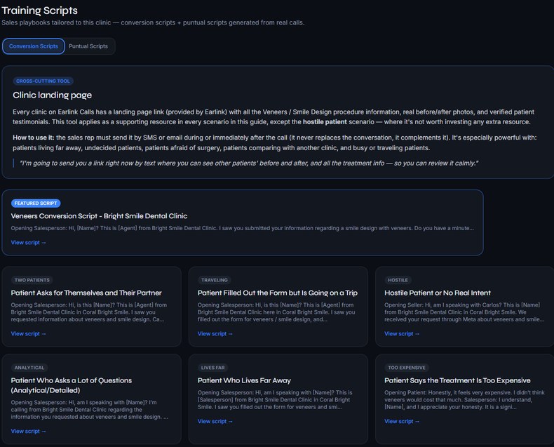 The Earlink Calls Training Scripts library: a cross-cutting clinic landing-page tool card, a featured veneers conversion script, and a grid of scenario cards such as a patient buying for two, a patient going on a trip, a hostile patient, an analytical patient, a patient who lives far away and a patient who says it is too expensive.